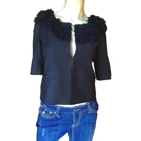 Ann Taylor | Ruffle Collar Cropped Short Sleeve Wool Jacket Blazer - Picture 9 of 9
